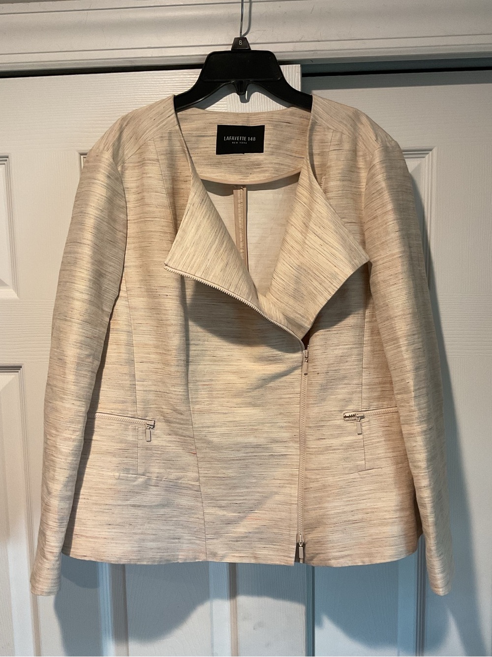 Lafayette 148 New York Silk Moto Jacket Blazer Cream Asymmetrical Zip Blazer 14